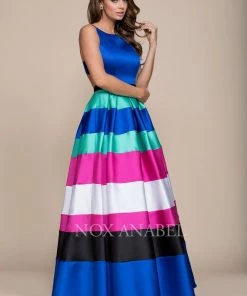 Long Open Back Blue Dress With Striped Skirt By Nox Anabel 8350 Prom