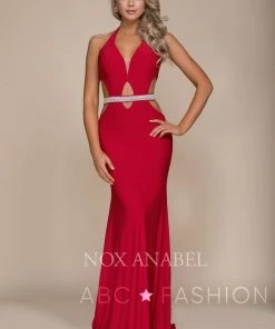 Long Open Back Halter Dress With Beaded Waistline By Nox Anabel A046