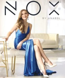 Long Open Back Satin V-Neck Dress With Side Slit By Nox Anabel C213