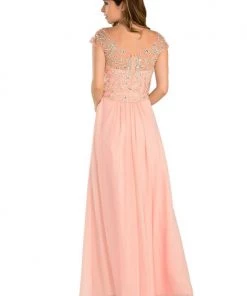 Long Peach Cap Sleeve Dress With Jeweled Bodice By Poly USA