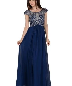 Long Peach Cap Sleeve Dress With Jeweled Bodice By Poly USA