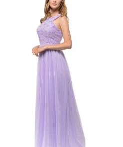 Prom Long Pink Chiffon Dress With Lace Bodice By Lenovia