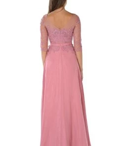 Long Pink Dress With Illusion Lace Sleeves By Poly USA