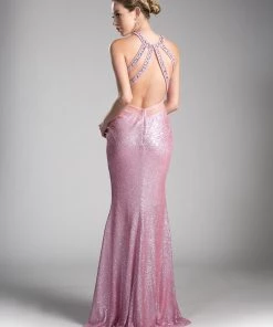Prom Pink Long Halter Sequin Dress By Cinderella Divine CR814 6 Prom Pink Long Halter Sequin Dress By Cinderella Divine CR814