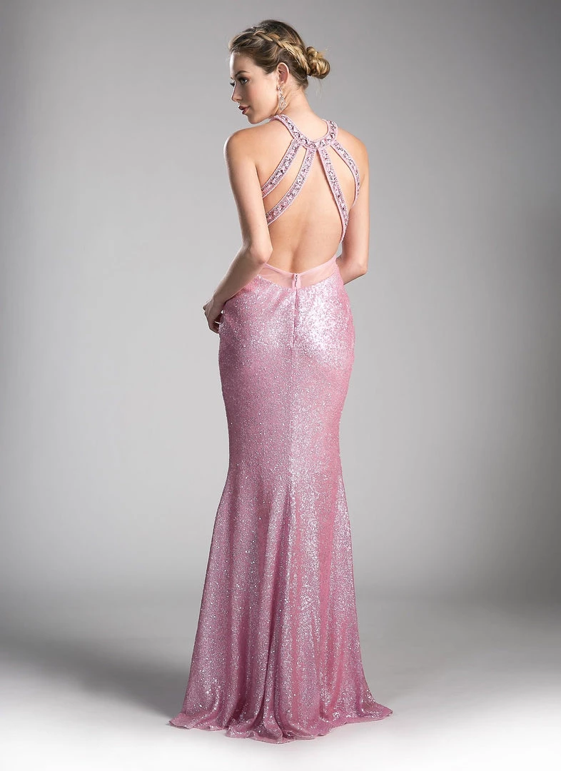 Prom Pink Long Halter Sequin Dress By Cinderella Divine CR814 4 Prom Pink Long Halter Sequin Dress By Cinderella Divine CR814