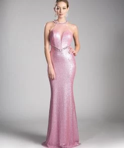 Prom Pink Long Halter Sequin Dress By Cinderella Divine CR814
