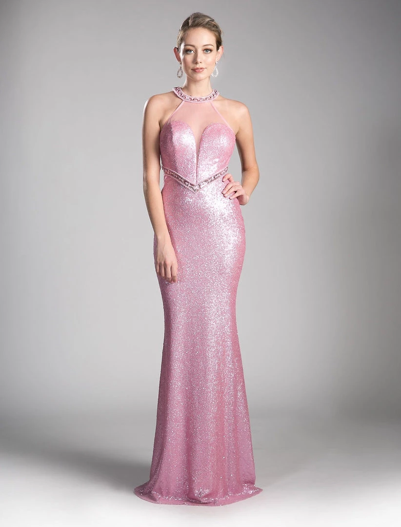 Prom Pink Long Halter Sequin Dress By Cinderella Divine CR814 3 Prom Pink Long Halter Sequin Dress By Cinderella Divine CR814