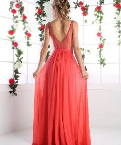 Long Pleated Dress With Sheer Cutouts By Cinderella Divine 5061