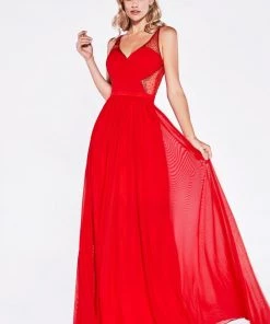 Long Pleated Dress With Sheer Cutouts By Cinderella Divine 5061