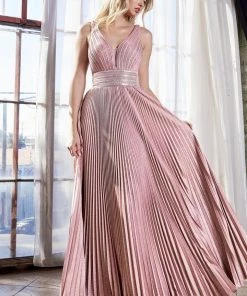 Long Pleated Metallic Dress By Cinderella Divine J9459 Prom