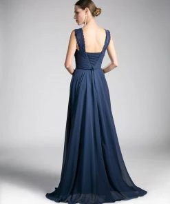 Long Pleated Chiffon Dress By Cinderella Divine CJ249 Prom