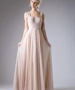 Long Pleated Sweetheart Dress With Lace Straps By Cinderella Divine CJ249