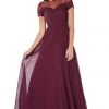 Prom Long Plum Dress With Short Sleeved Lace Bodice By Poly USA
