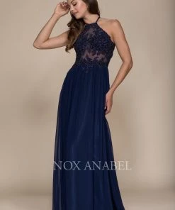 Prom Long Racerback Dress With Appliqued Sheer Bodice By Nox Anabel G096