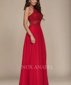 Prom Long Racerback Dress With Appliqued Sheer Bodice By Nox Anabel G096