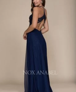Prom Long Racerback Dress With Appliqued Sheer Bodice By Nox Anabel G096