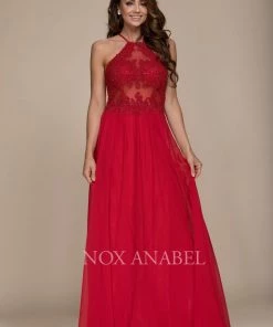Prom Long Racerback Dress With Appliqued Sheer Bodice By Nox Anabel G096