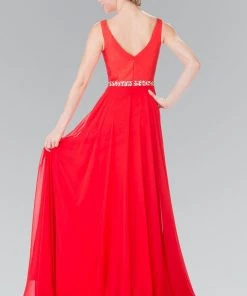 Prom Long Red Chiffon Dress With Beaded Waist By Elizabeth K GL2293