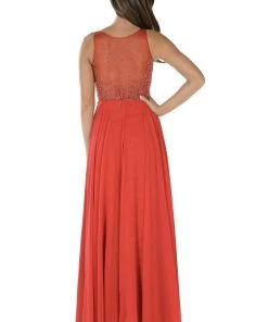Prom Long Red Dress With Beaded Illusion Bodice By Poly USA