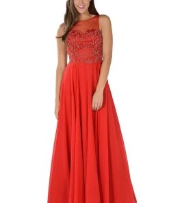 Prom Long Red Dress With Beaded Illusion Bodice By Poly USA