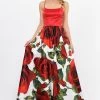 Long Red Floral Print Dress With Strappy Back By Poly USA 9074