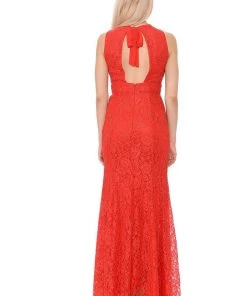 Long Red Lace Dress With Open Bow Back By Lenovia Prom