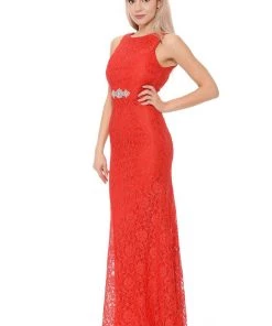 Long Red Lace Dress With Open Bow Back By Lenovia Prom
