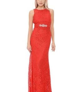 Long Red Lace Dress With Open Bow Back By Lenovia Prom