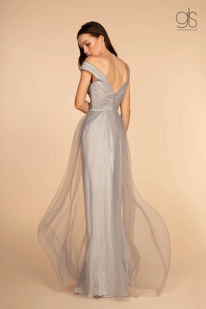 Long Ruched V-Neck Dress With Jeweled Waistband By Elizabeth K GL2560 4 Long Ruched V-Neck Dress With Jeweled Waistband By Elizabeth K GL2560