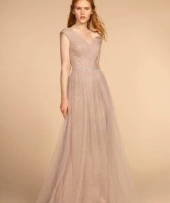 Long Ruched V-Neck Dress With Jeweled Waistband By Elizabeth K GL2560 14 Long Ruched V-Neck Dress With Jeweled Waistband By Elizabeth K GL2560