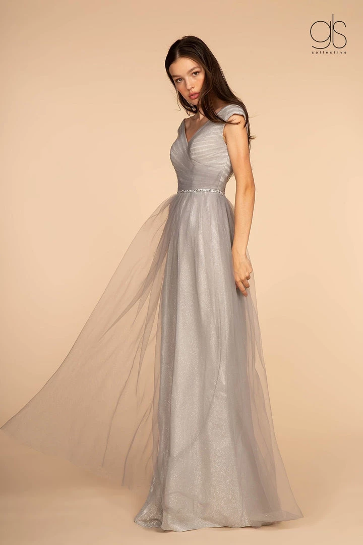 Long Ruched V-Neck Dress With Jeweled Waistband By Elizabeth K GL2560 3 Long Ruched V-Neck Dress With Jeweled Waistband By Elizabeth K GL2560