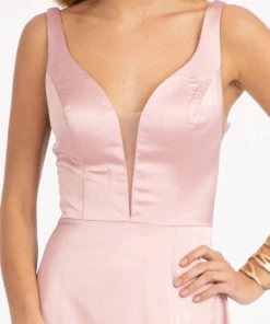 Prom Long Satin Illusion V-Neck Dress By Elizabeth K GL1992