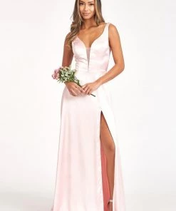 Prom Long Satin Illusion V-Neck Dress By Elizabeth K GL1992