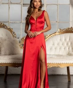 Prom Long Satin Illusion V-Neck Dress By Elizabeth K GL1992