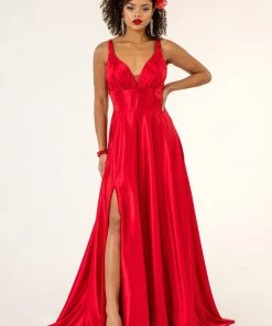 Long Satin V-Neck Dress By Elizabeth K GL2963 Prom