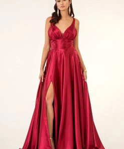 Long Satin V-Neck Dress By Elizabeth K GL2963 Prom