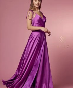 Long Satin V-Neck Dress By Nox Anabel R1029