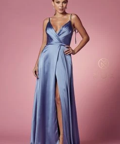 Long Satin V-Neck Dress By Nox Anabel R1029