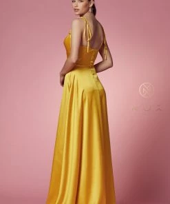 Long Satin V-Neck Dress By Nox Anabel R1029