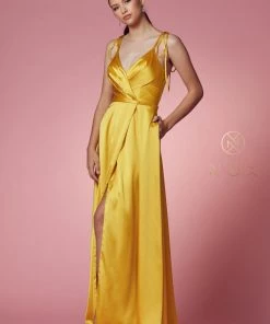 Long Satin V-Neck Dress By Nox Anabel R1029