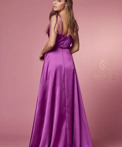 Long Satin V-Neck Dress By Nox Anabel R1029