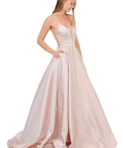 Long Satin V-Neck Dress With Crisscross Back By Poly USA 8456