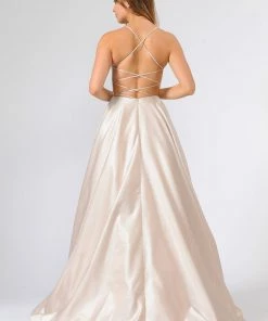 Long Satin V-Neck Dress With Crisscross Back By Poly USA 8456