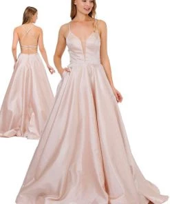 Long Satin V-Neck Dress With Crisscross Back By Poly USA 8456