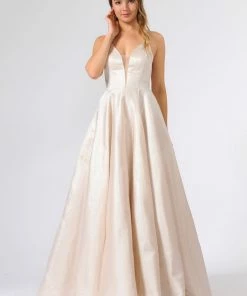 Long Satin V-Neck Dress With Crisscross Back By Poly USA 8456