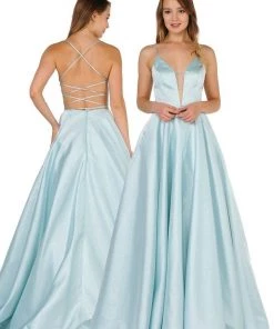 Long Satin V-Neck Dress With Crisscross Back By Poly USA 8456