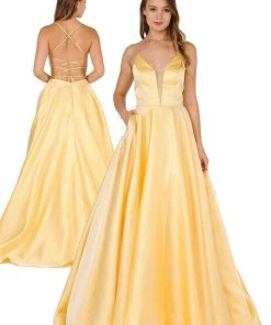 Long Satin V-Neck Dress With Crisscross Back By Poly USA 8456