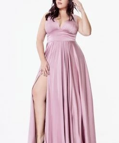 Long Satin V-Neck Dress With Slit By Cinderella Divine 7469 Prom