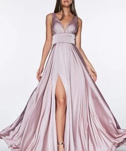 Prom Long Satin V-Neck Dress With Slit By Cinderella Divine 7469