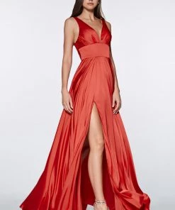 Prom Long Satin V-Neck Dress With Slit By Cinderella Divine 7469